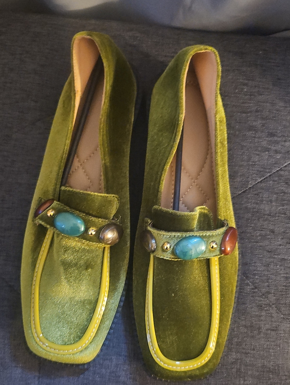 Women's Olive Green Velvet Loafers with Gem Accents